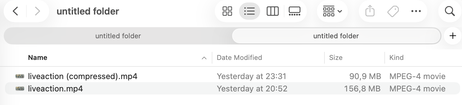 Finder showing both the original liveaction.mp4 and the new liveaction (compressed).mp4 side by side